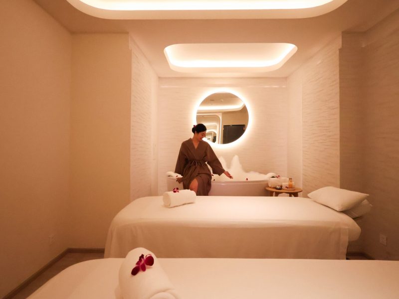 Relaxing massage room at Makkha Spa in Chiangmai with soft lighting, modern decor, and a serene atmosphere for ultimate wellness and rejuvenation.