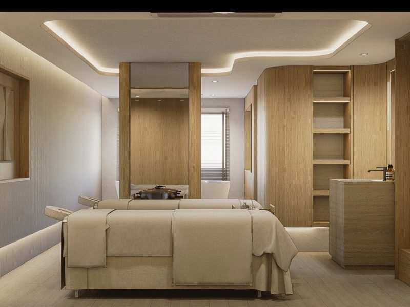 Relaxing massage room at Makkha Spa in Chiangmai with modern wooden decor and tranquil ambiance.